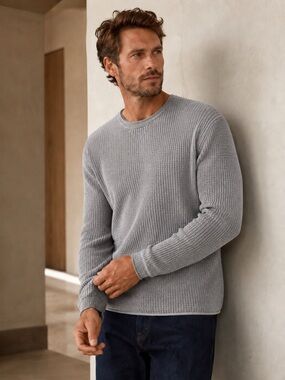 Billy Reid Mini Waffle Cotton Cashmere Crew Sweater Gray M